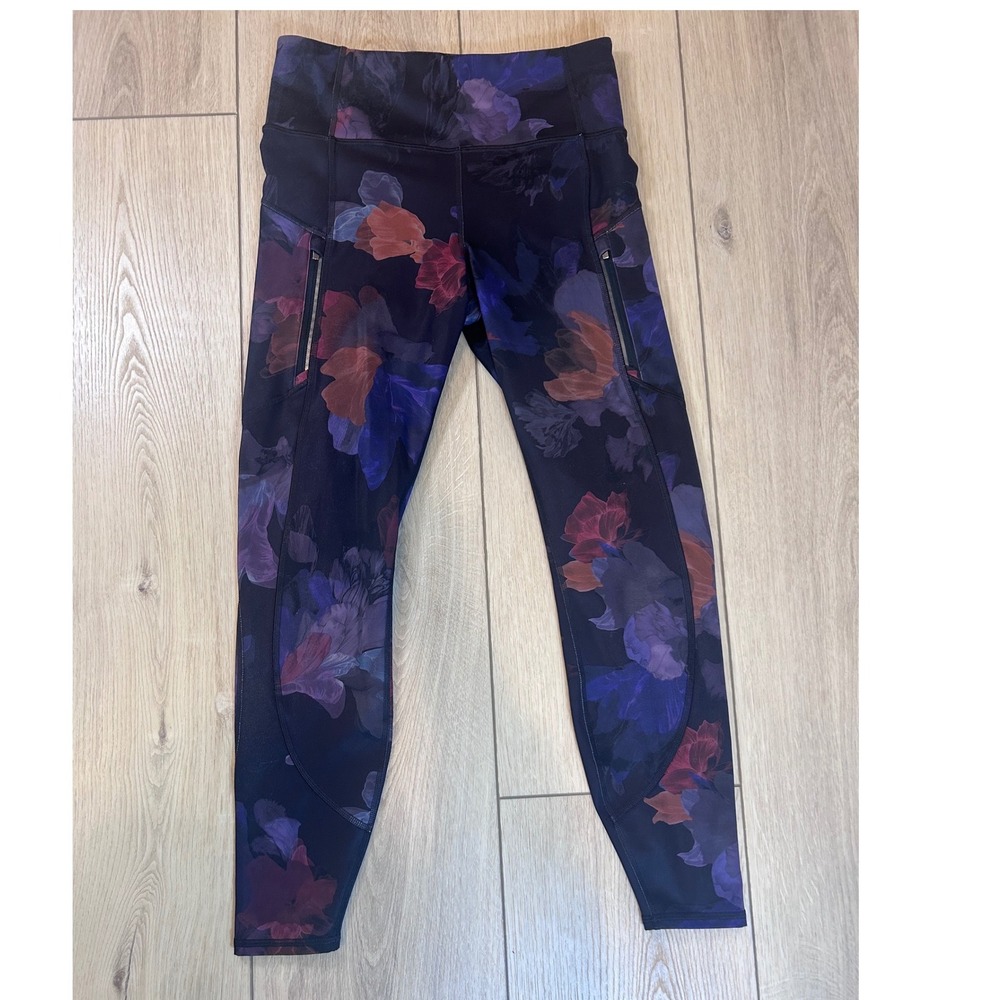 Athleta Rainier Printed Tight Leggings Medium Purple Blue Floral Zip Pockets